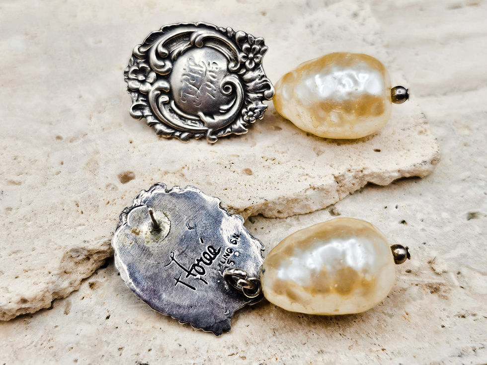 Thumbnail: Vintage T. Foree Sterling Silver Baroque Faux Pearl Drop Earrings