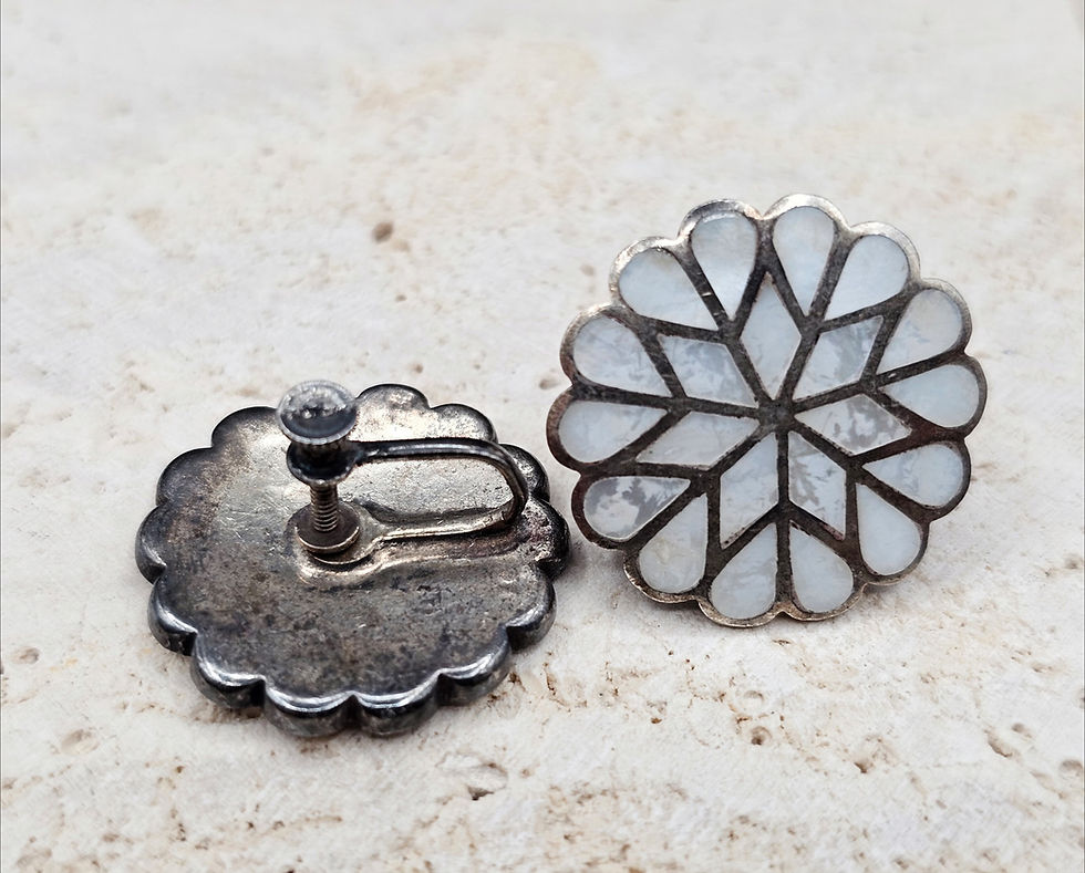 Thumbnail: Vintage Zuni Channel Inlay Mother of Pearl Earrings - Screwback