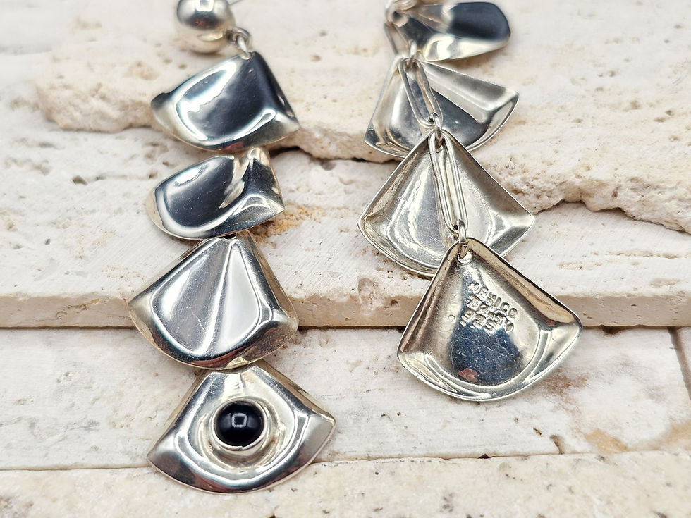 Thumbnail: Vintage TAXCO Sterling Silver Black Onyx Statement Dangle Earrings