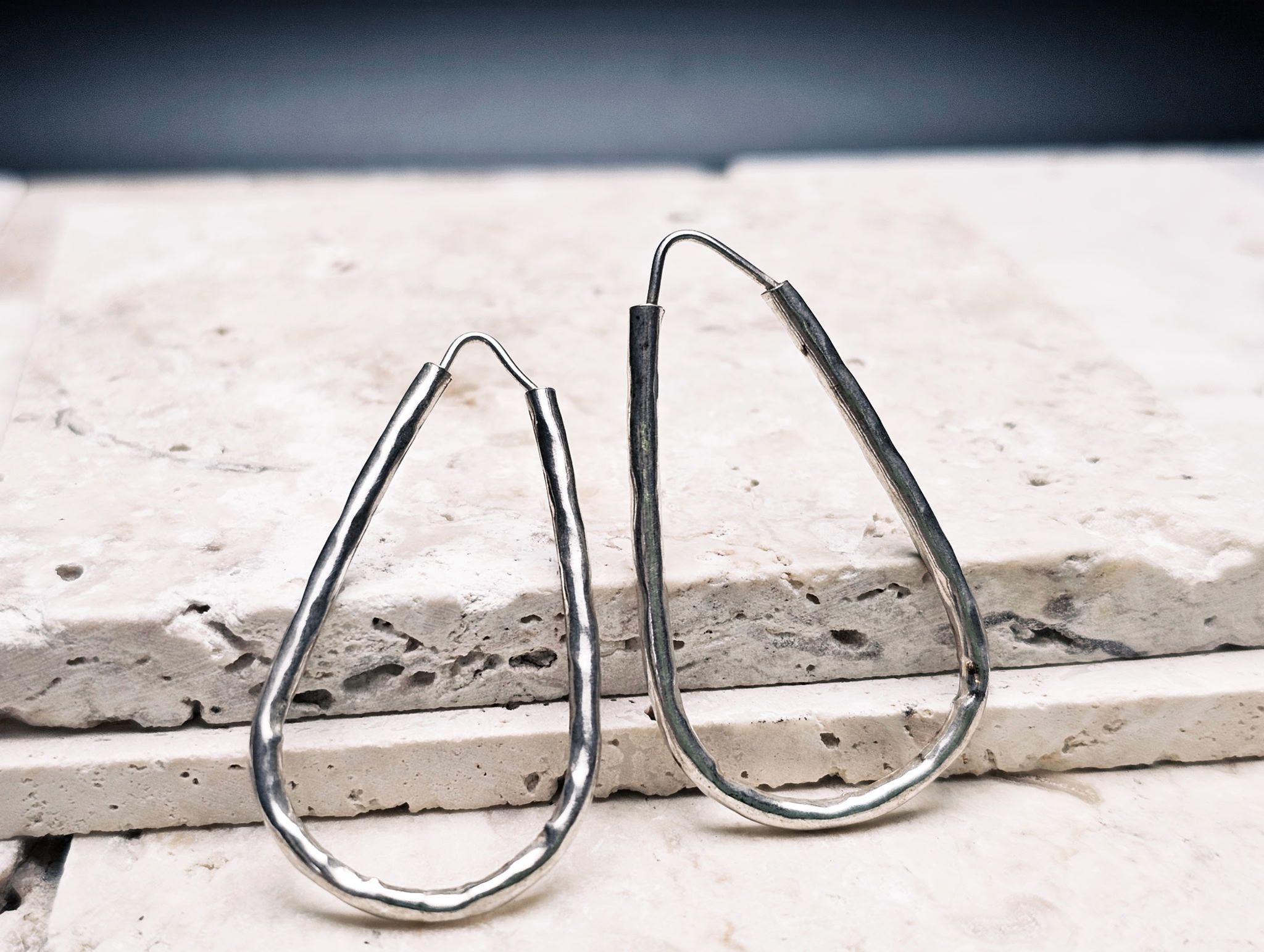Hammered Silver Hook Oval Hoops