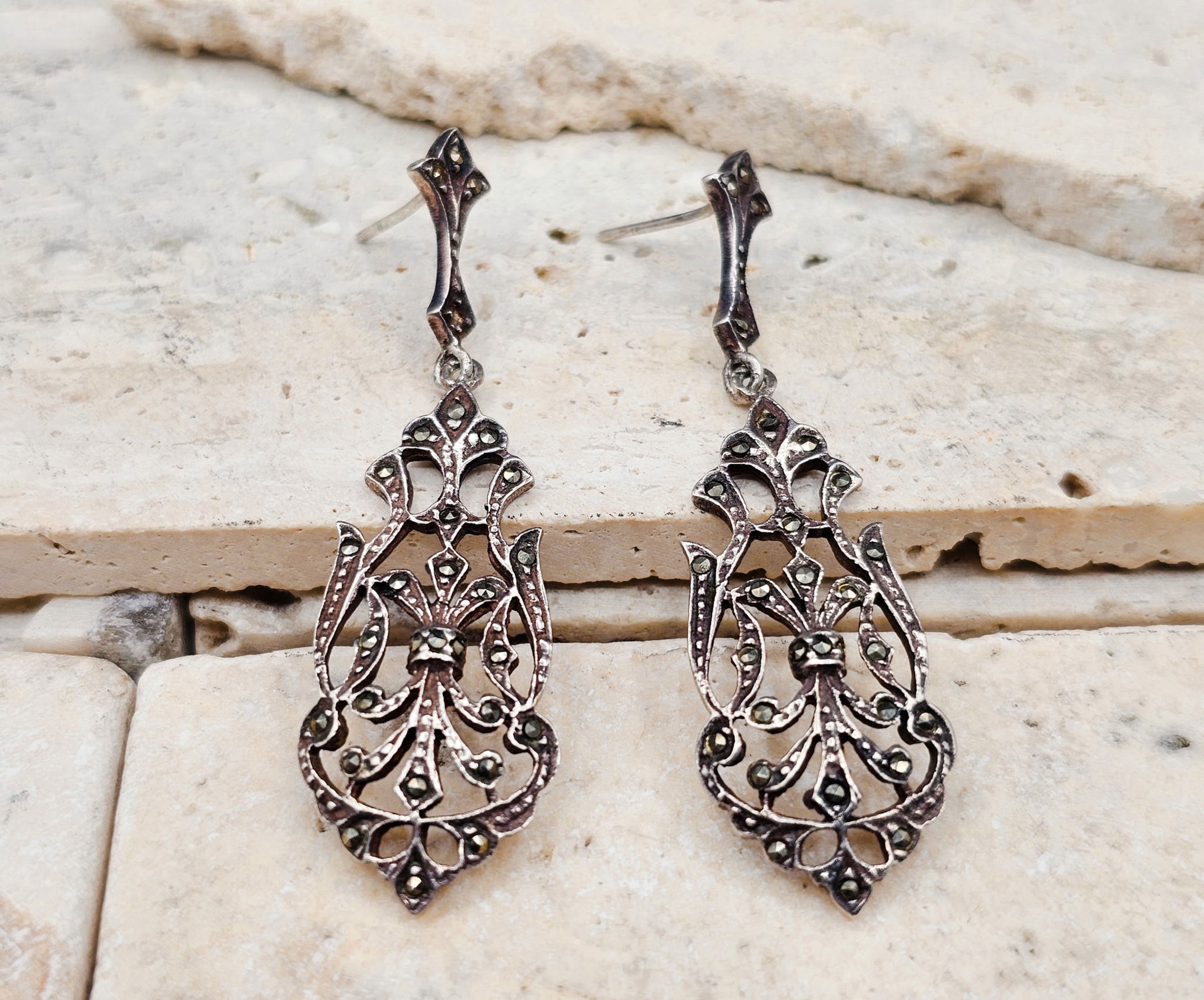 Art Deco Revival Sterling Silver Marcasite Filigree Dangle Earrings
