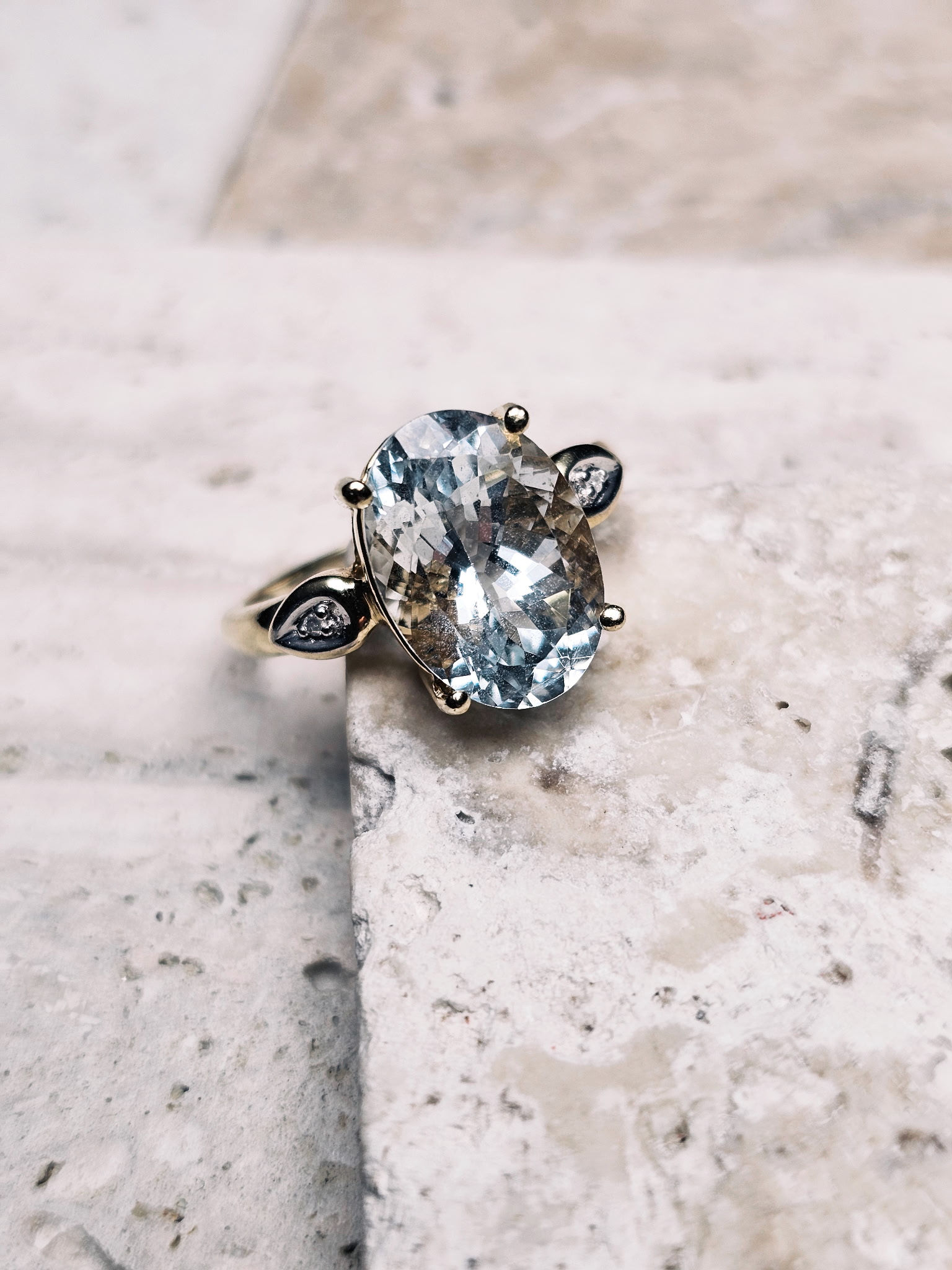 14K Yellow Gold Aquamarine and Diamond Ring