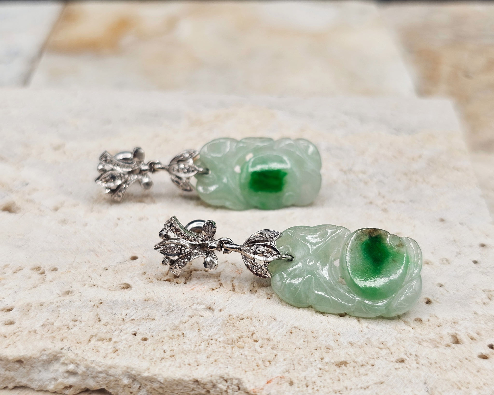Art Deco Jade & Diamond Dangle Earrings – 14K White Gold, Hand-Carved Vintage