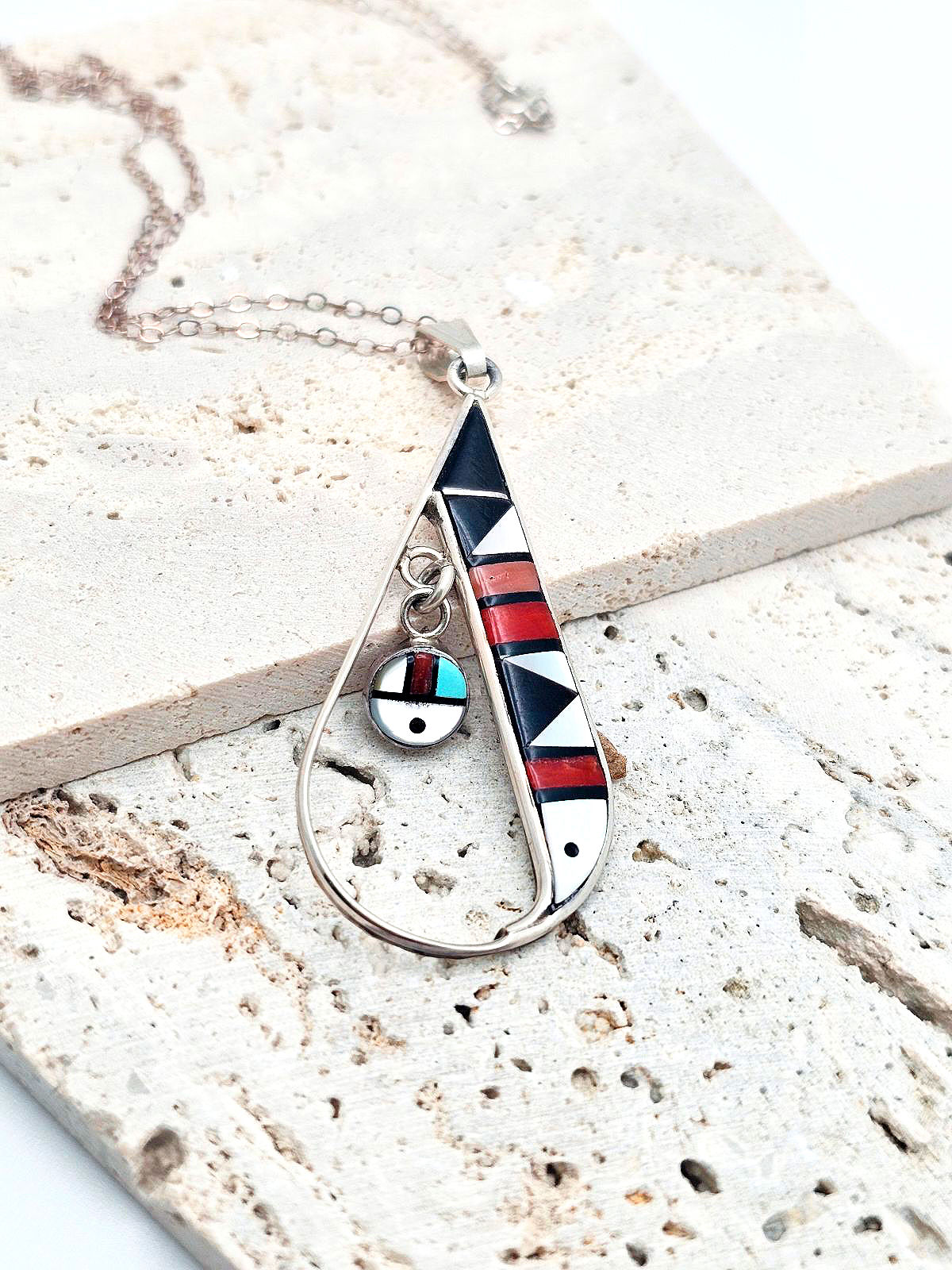 Zuni Multi-Inlay Pendant Signed S. Edaakie with 18"Sterling Chain