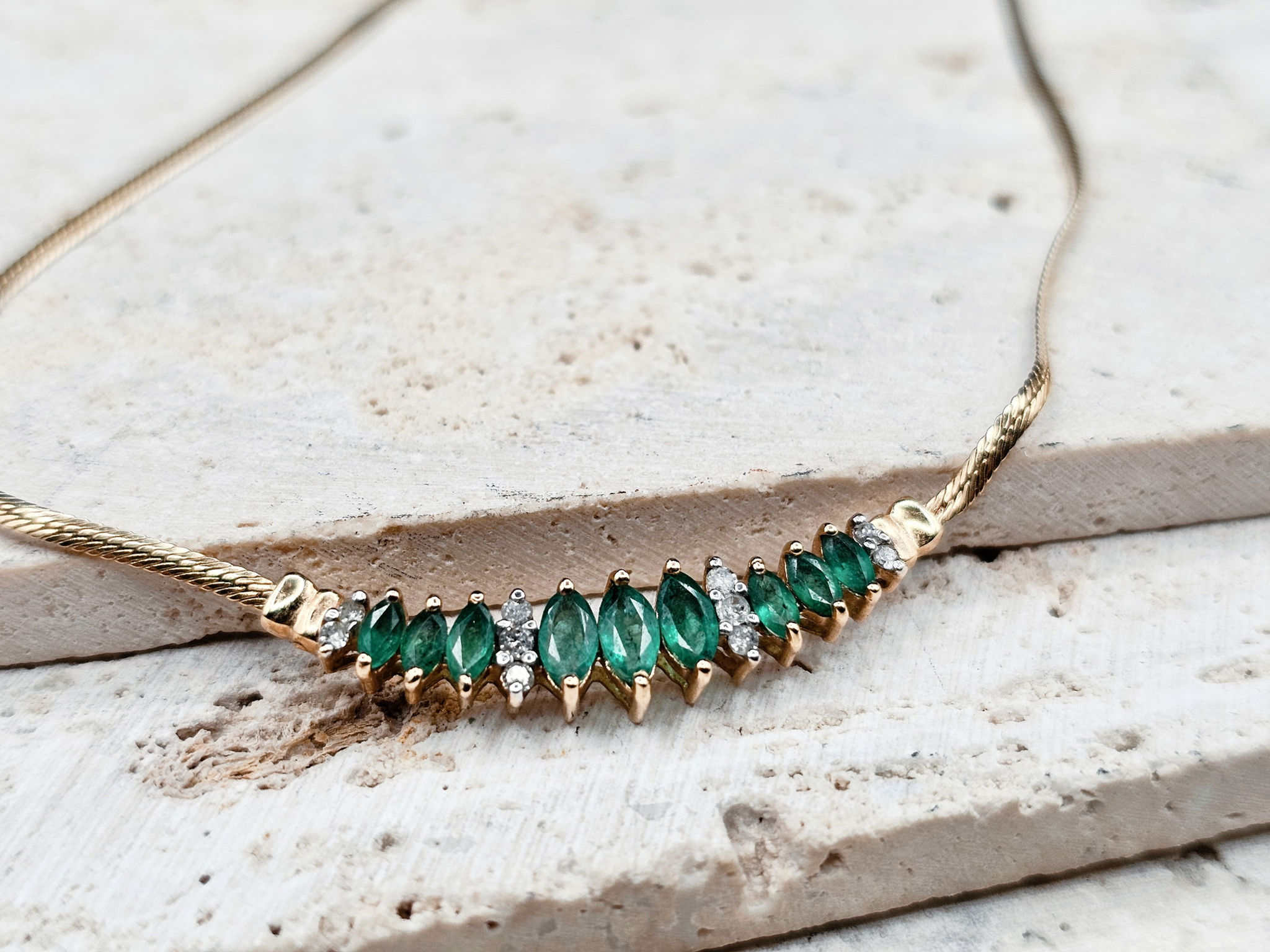 Vintage 14K Yellow Gold Emerald and Diamond Bar Chain Necklace