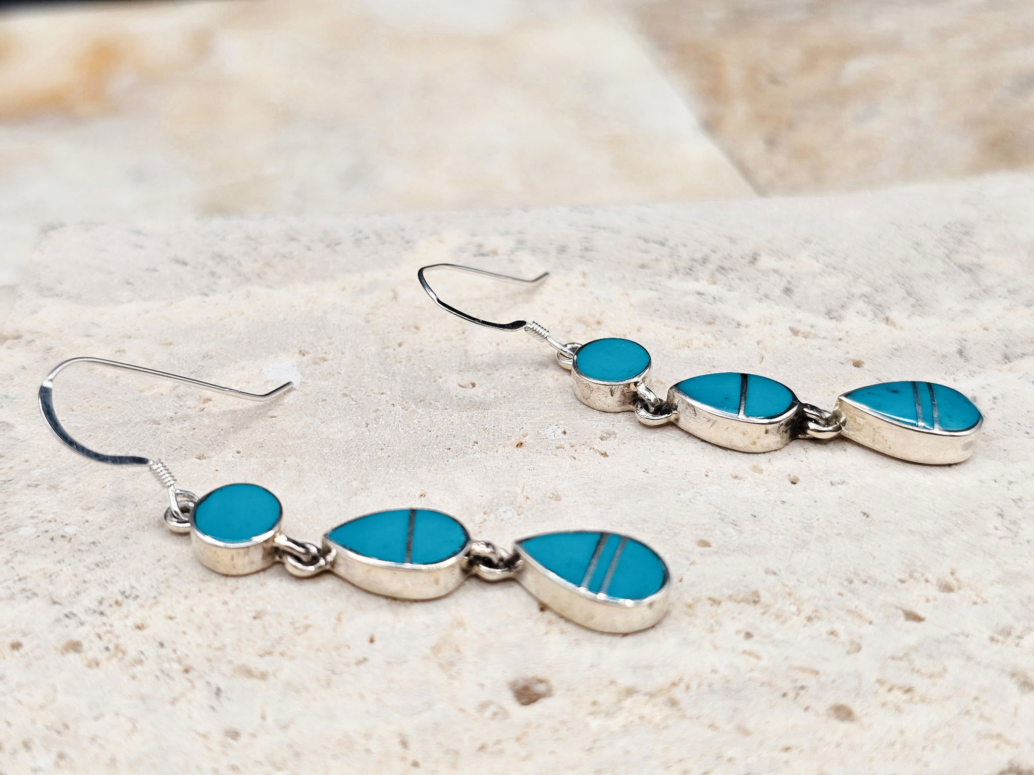 Navajo James Mason Sterling Silver Turquoise Inlay Dangle Earrings 2"