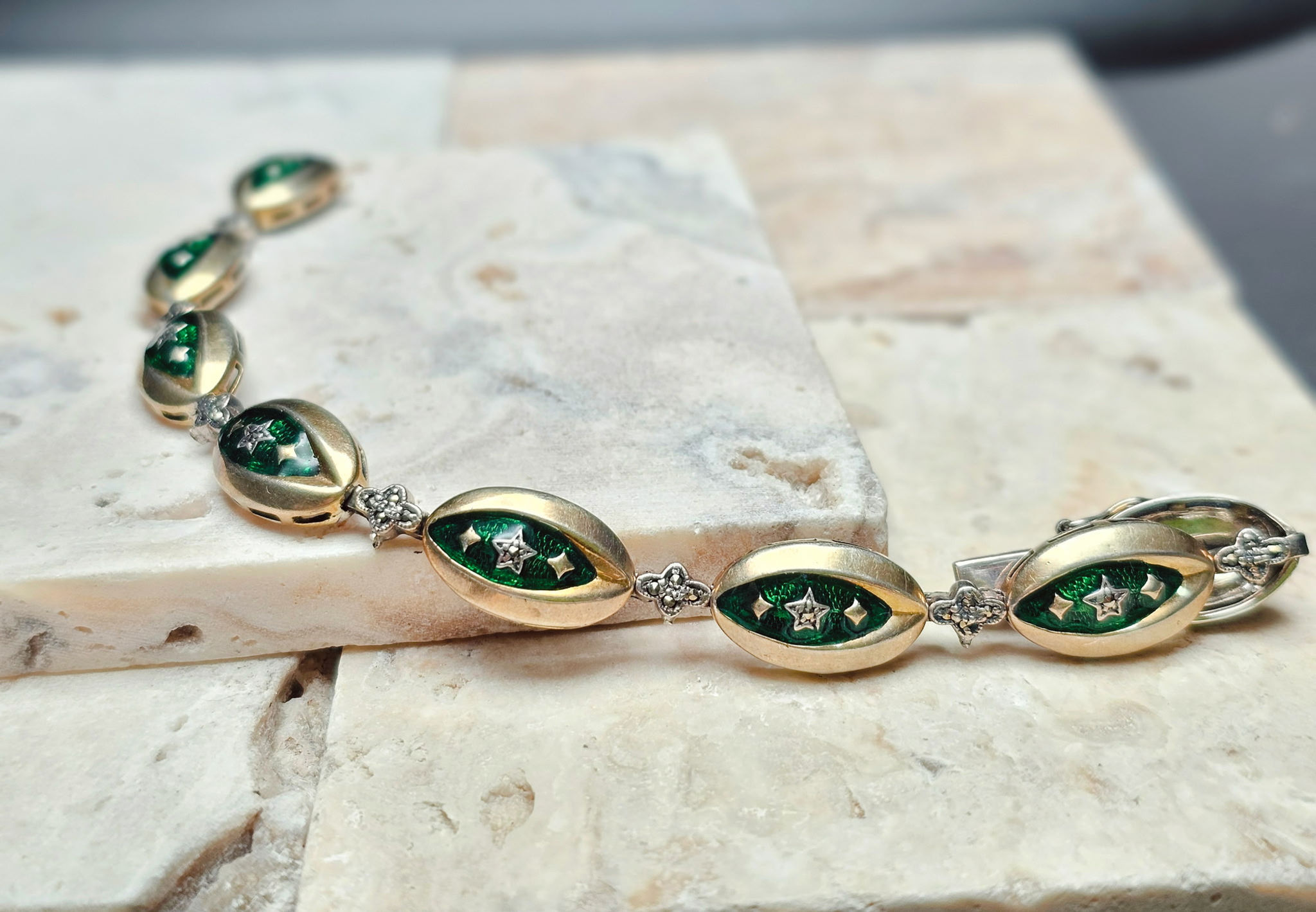 Vintage Guilloché Green Enamel & Sterling Silver Bracelet – Star Motif with Marcasite Accents | 26g | 8"