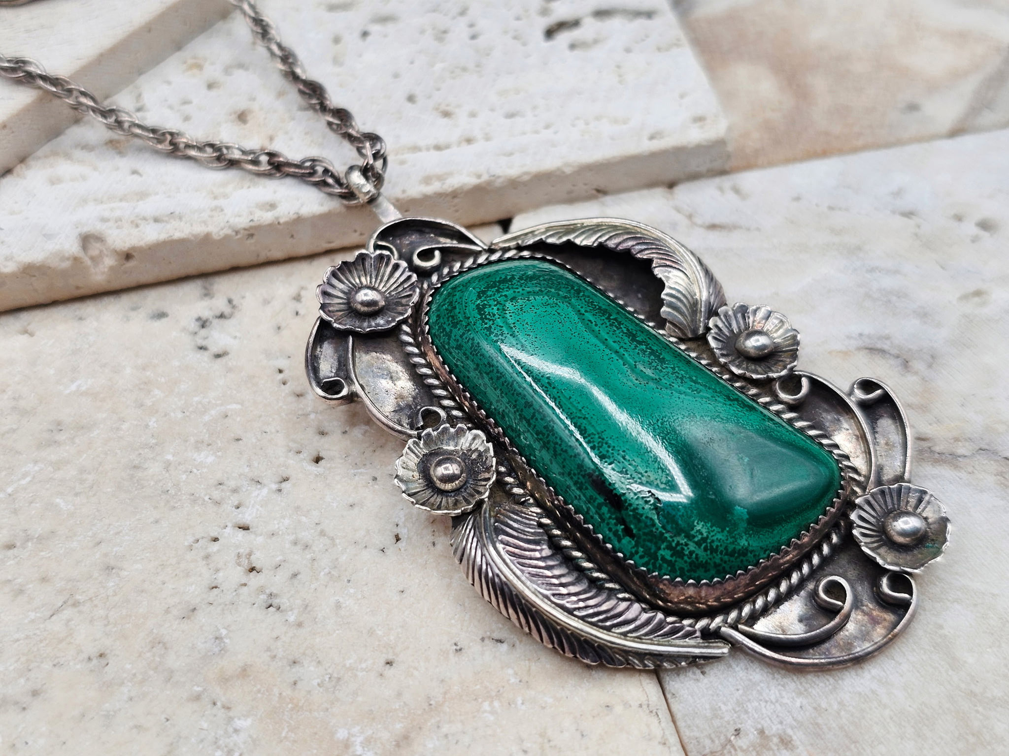 Vintage Green Malachite Native American Necklace & Ring Set