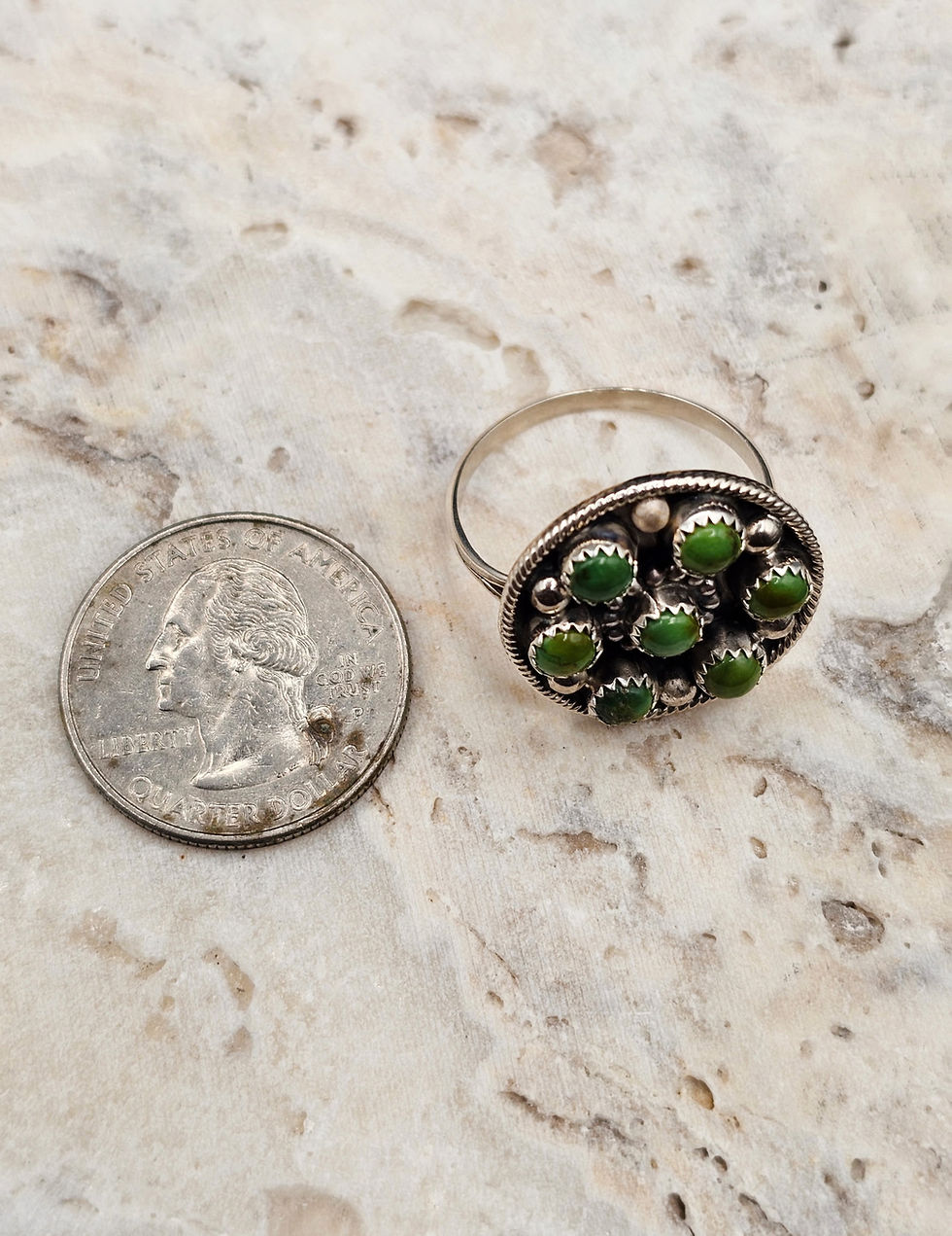 Thumbnail: Vintage Navajo Green Turquoise Cluster Ring Sterling Silver SZ 11.25 Signed S
