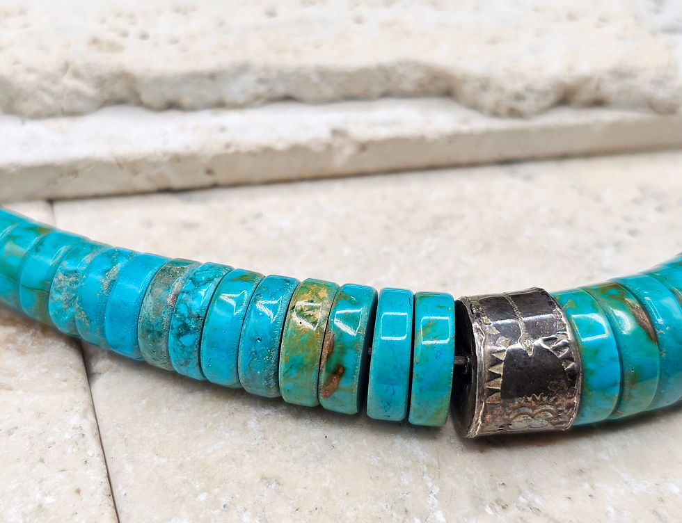 Thumbnail: Vintage Turquoise and Sterling Silver Barrel Bead Necklace 22"
