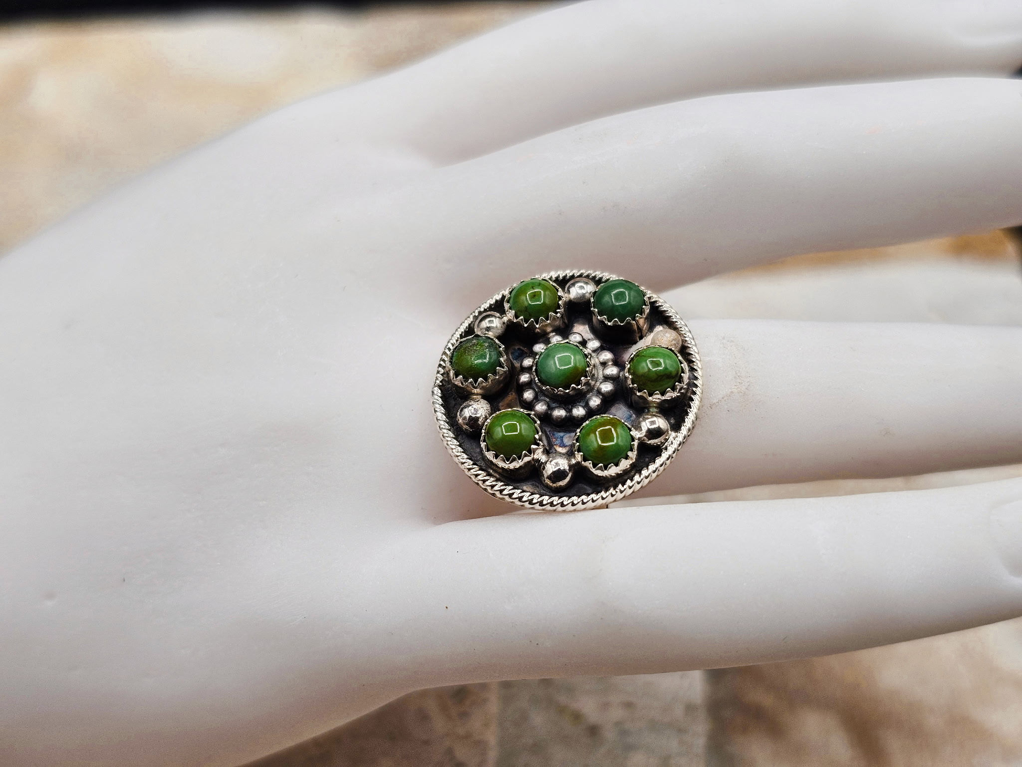 Vintage Navajo Green Turquoise Cluster Ring Sterling Silver SZ 11.25 Signed S