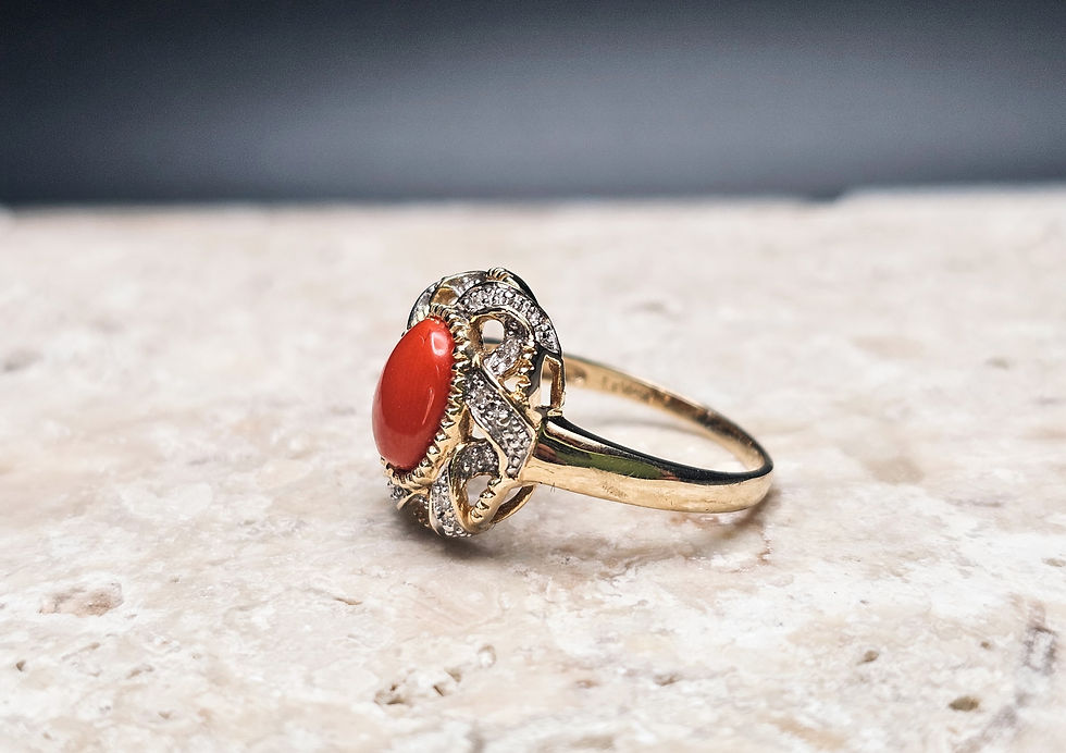 Thumbnail: 14k Gold LeVian Coral and Diamond Ring Size 9