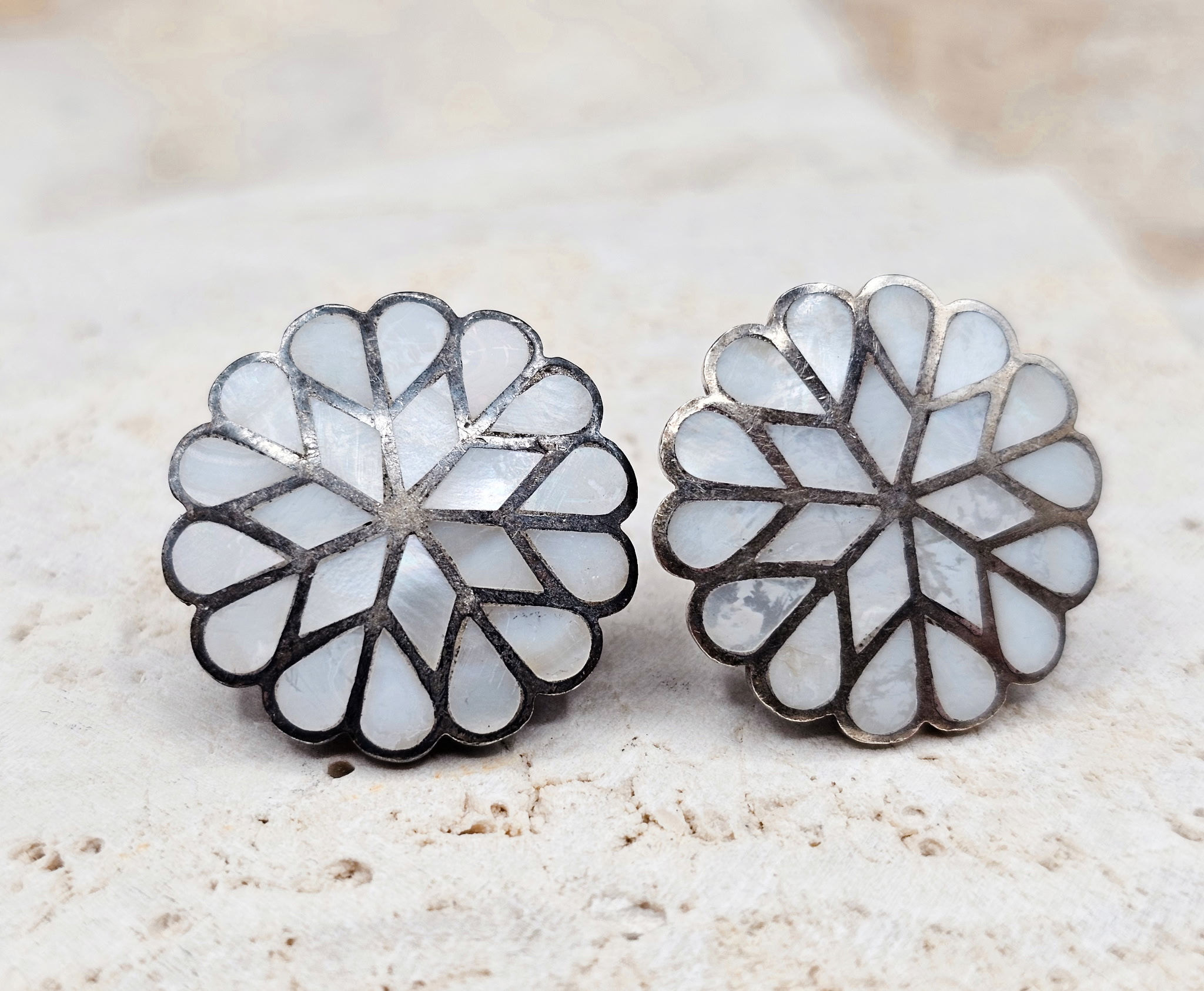 Vintage Zuni Channel Inlay Mother of Pearl Earrings - Screwback