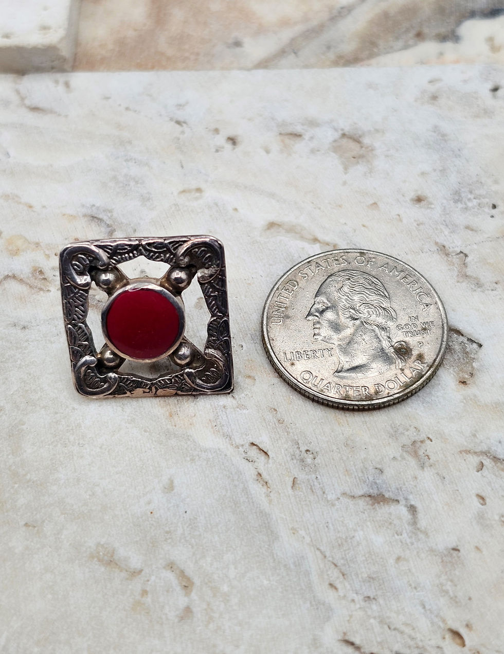 Thumbnail: Vintage Sterling Silver Coral Artisan Earrings