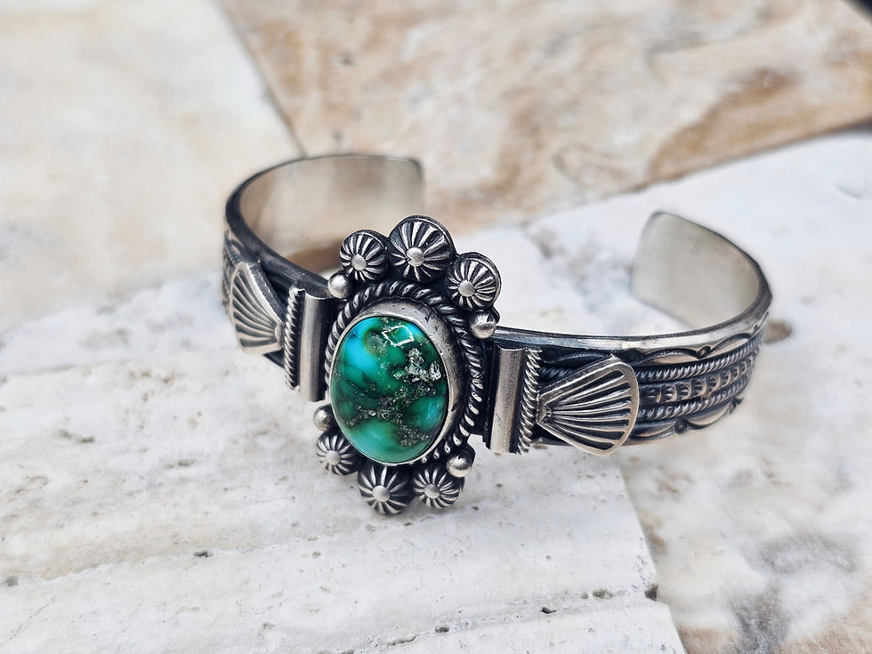 Thumbnail: Navajo Michel Calladitto Sonora Gold Turquoise Sterling Silver Cuff Bracelet
