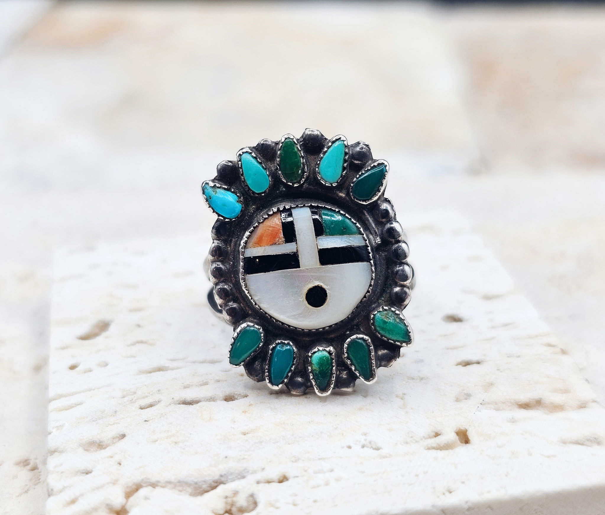 Zuni Sun God Multi-inlay Unique Vintage Ring