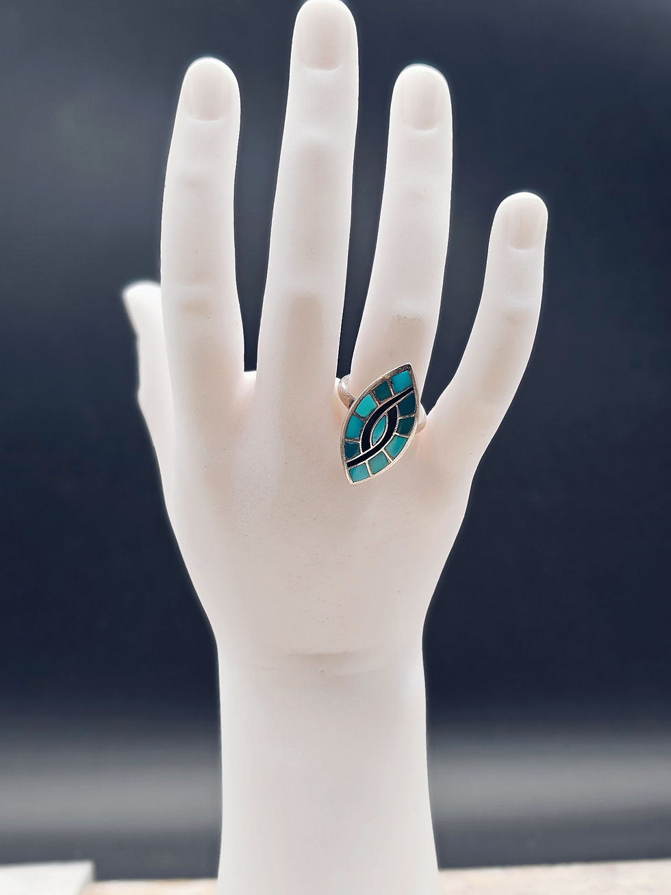 Thumbnail: Vintage E and J Bobelu Zuni Turquoise Inlay Ring -Size 6