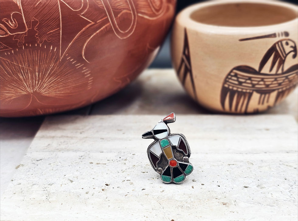 Vintage Zuni Thunderbird Ring Multi Stone Inlay - Sterling Silver