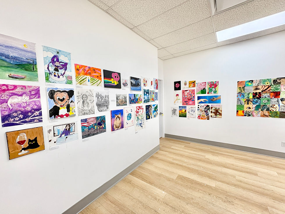 The foyer which showcases a range of paintings, drawings, and mixed media works, along with the Macro Textures project collage to the right!