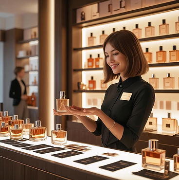 A young woman working in a stylish, modern perfume boutique. She stands behind the counter, smiling gently as she presents a perfume bottle to an unseen customer. The store is elegant, with neatly arranged shelves of perfume bottles, soft l.jpg