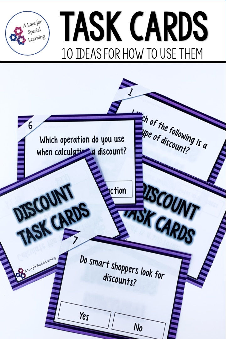 Learn about 10 different and new ways to use task cards in your classroom.  Task cards a great way to test, review, practice, and assess your students in the classroom.  Task cards are great for high school and transition age special education students who prefer hands on learning.  These task cards games and activities will keep your class fun and moving.  This post explains how to use task cards with your students to keep the learning and teaching activities fun and new.  