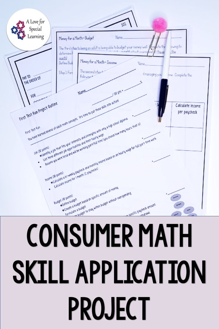 This resource is an applied learning math project that's ideal for an application based review activity.  Use this no prep printable project to assess the consumer math lessons that you teach.  Appropriate for high school and transition age special education students in a life skills or functional math class.  The worksheets can be used to assess student learning as a comprehensive and differentiated project.  Concepts include income, budget, checking & savings accounts, check writing. 