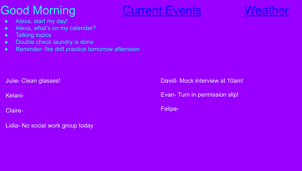 Purple slide with morning agenda, reminders, and students names