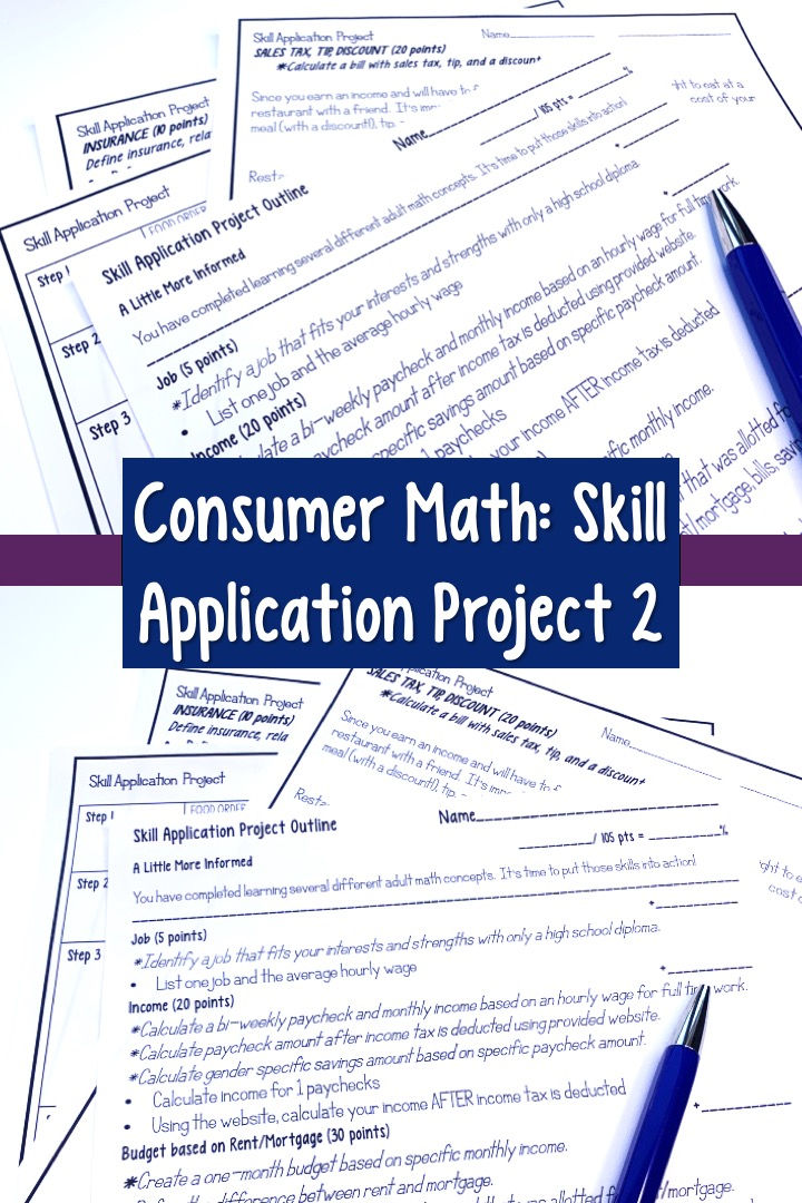 This resource is an applied learning math project that's ideal for an application based review activity.  Use this no prep printable project to assess the consumer math lessons that you teach.  Appropriate for high school and transition age special education students in a life skills or functional math class.  The worksheets can be used to assess student learning as a comprehensive and differentiated project.  Concepts include income, budget, checking & savings accounts, check writing, sales tax, tip, discount, insurance, rent, mortgage. 