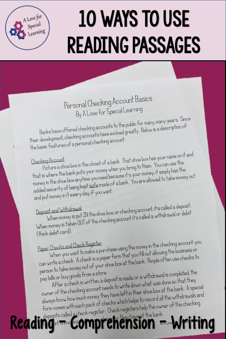 Teach an array of consumer math concepts with reading passage worksheets.  Each reading passage has five true false questions, a writing prompt, and a short, easy 1 page printable reading passage explaining the functional, life skills concept using easy readability, basic vocabulary and examples. This printable can introduce a concept or increase comprehension for high school and transition age special education students.  Teaching applied math using reading passages can increase learning.