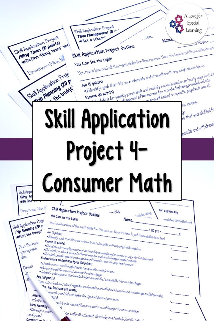 This resource is an applied learning math project for an application based review activity. Use this no prep printable worksheet project to assess consumer math lessons you teach. Appropriate - high school & transition special education functional life skills math class. Concepts income, budget, checking, savings, sales tax, tip, discount, insurance, rent, mortgage, meal plan, cost comparison, credit card, goal setting, students, differentiated, learning, time management, trip planning, taxes.