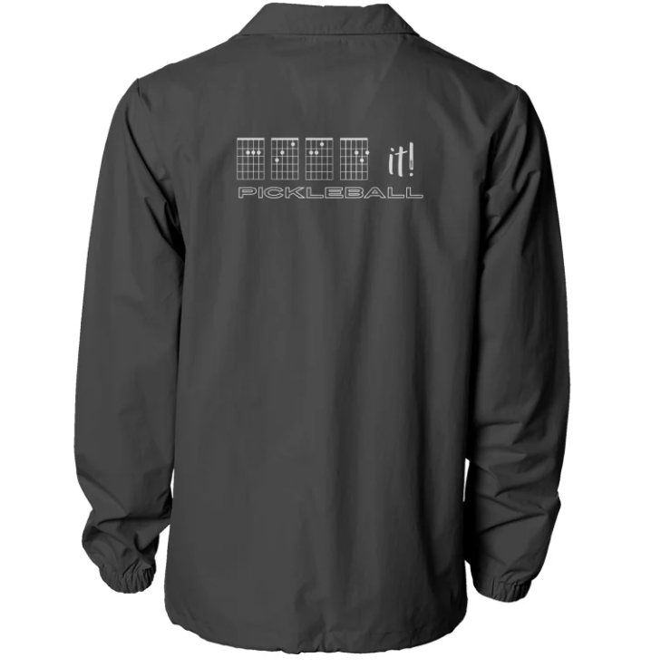 a jacket with guitar chords that spell out ACED it by Pickleball ARTwear