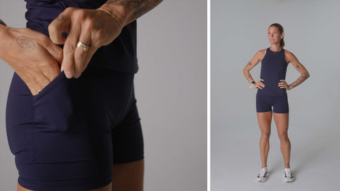 female model posing in sky manufacturing athletic apparel