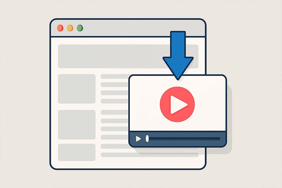 Flat design illustration of a webpage wireframe with a video player element being inserted, representing embedding a video on a website.