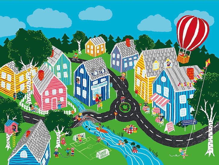 Satu Sinikumpu suloinen lastenkirjakuvitus söpöjä taloja värikäs kuvitus kuosisuunnittelu