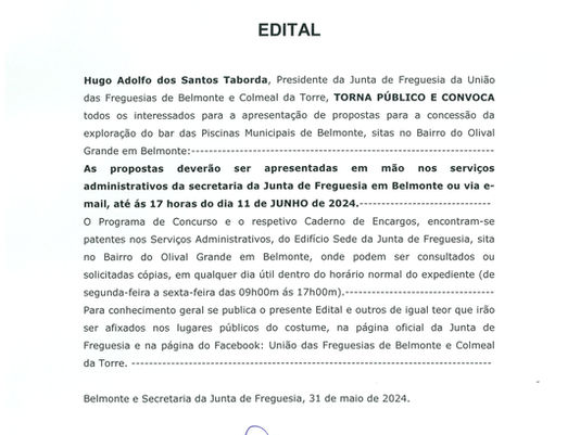 Edital - Concessão da Exploração do Bar das Piscinas Municipais de Belmonte