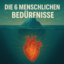 Illustration eines leuchtenden menschlichen Herzens unter einem Eisberg im ruhigen Ozean bei Sonnenaufgang. Das Motiv symbolisiert die 6 menschlichen Bedürfnisse – emotionale Tiefe, Bewusstsein und Verbindung zwischen Herz und Verstand – im Beziehungs-Mindset-Branding mit sanften Petrol-, Türkis- und Goldtönen.