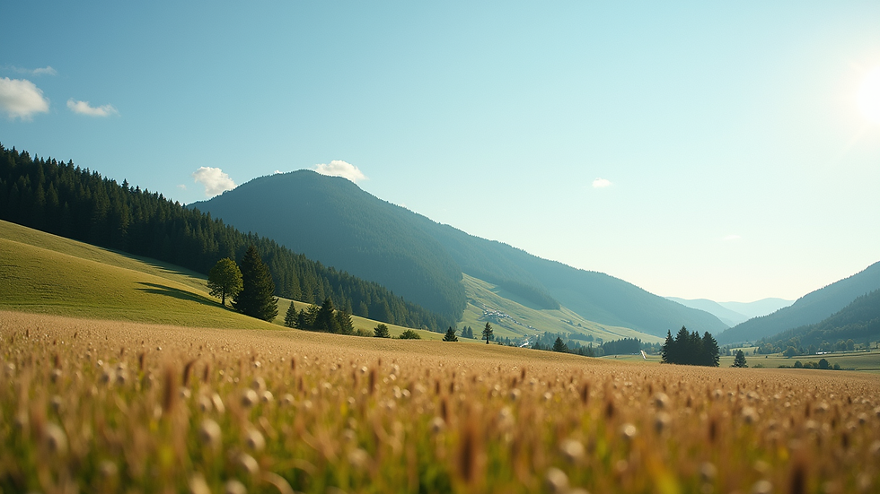 Weitwinkelaufnahme des Feldbergs mit Blick auf bewaldete Hügel und blauen Himmel