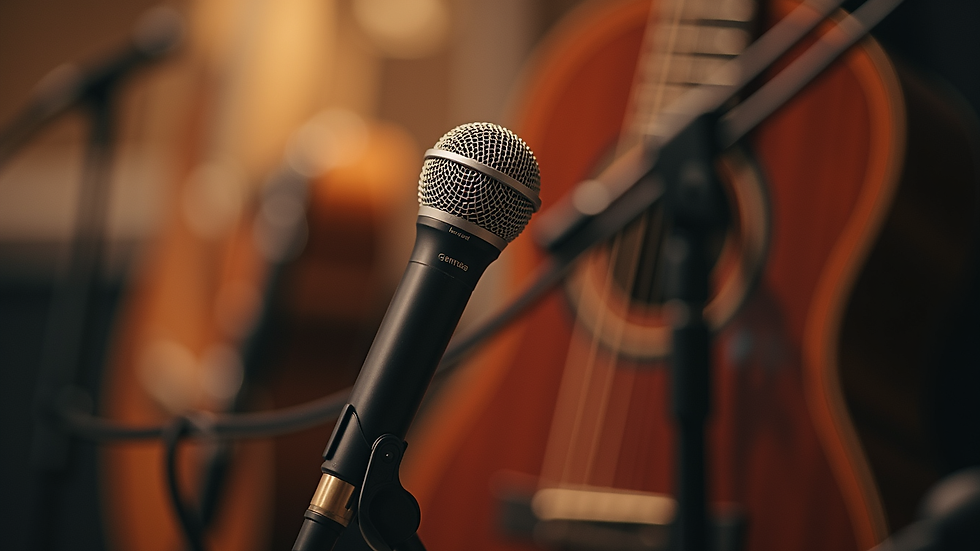 Close-up view of wedding music equipment including microphone and guitar