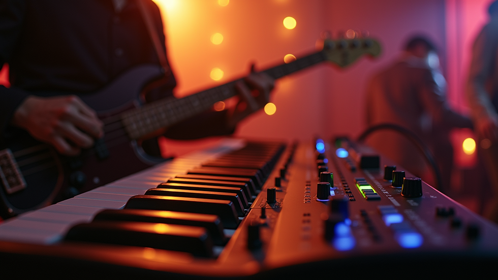 Close-up view of a keyboard and guitar setup for a wedding trio band