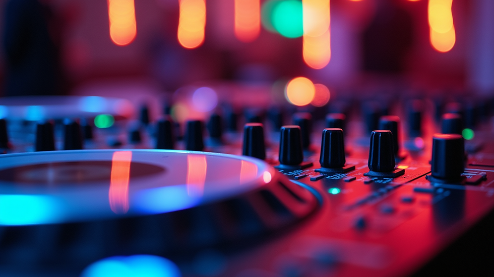 Close-up of DJ equipment with colorful lights at a wedding party