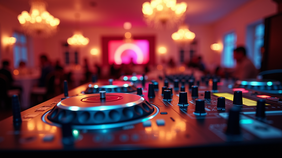 Eye-level view of DJ equipment setup at a wedding venue