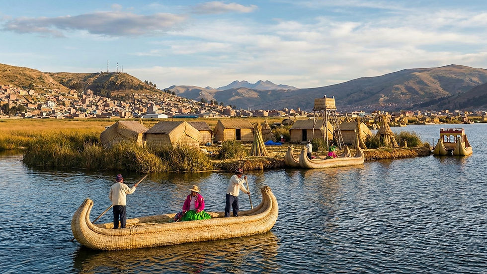 Lake Titicaca near Puno with reed boats and traditional reed structures