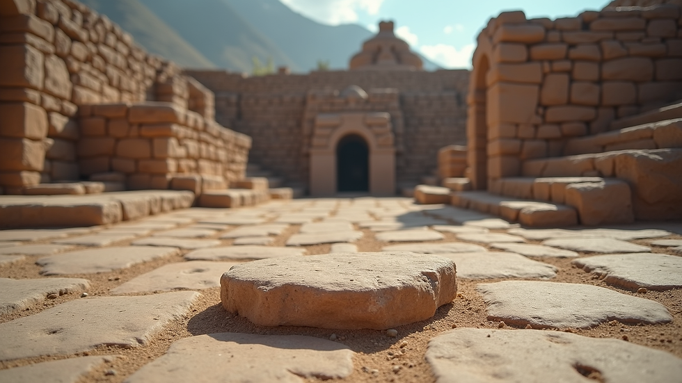 Eye-level view of the stone platform and rectangular plaza at the Chimú temple complex