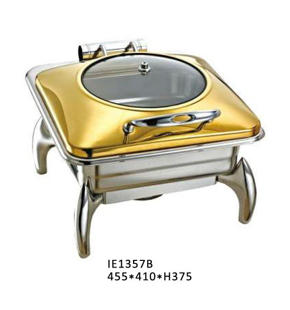 Square Chafing Dish with Circular Glass Viewing Lid (Bright Gold Finish)#IE1357B