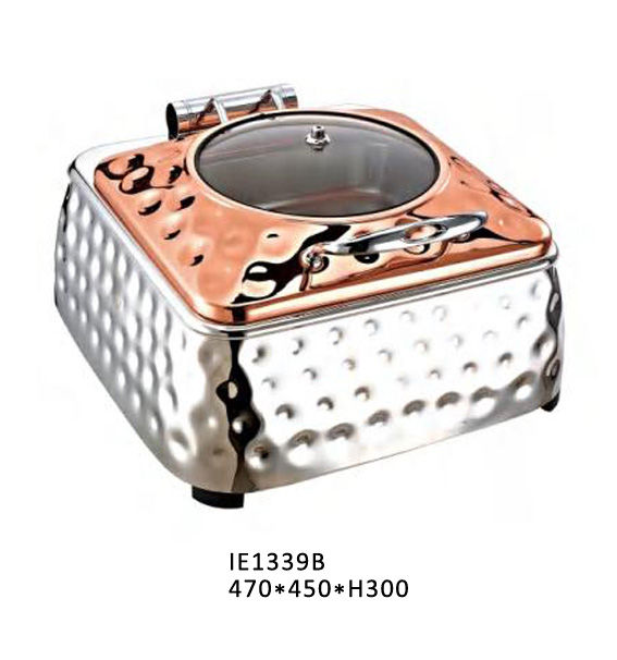 Square Hammered Chafing Dish w/ Circular Glass Lid (Bright Copper)#IE1339B