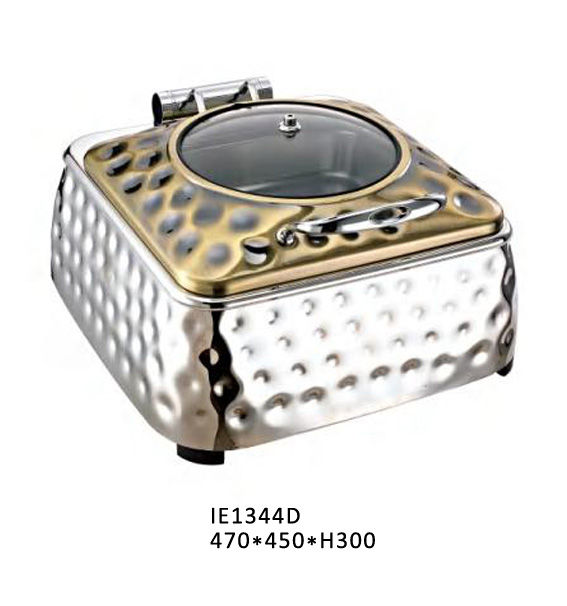 Square Hammered Chafing Dish w/ Circular Glass Lid (Matte Gold) #IE1344D