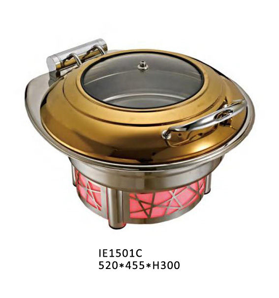 IE1501C – Glass Lid Round Chafing Dish (Gold Finish) Red Geometric Base