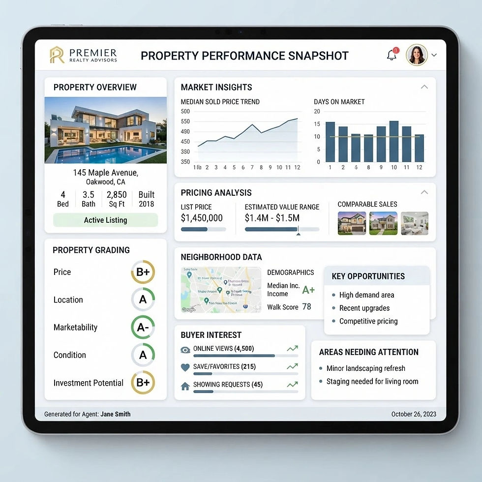 Create a modern realtor snapshot report inspired by the Vendesata Snapshot Report, designe