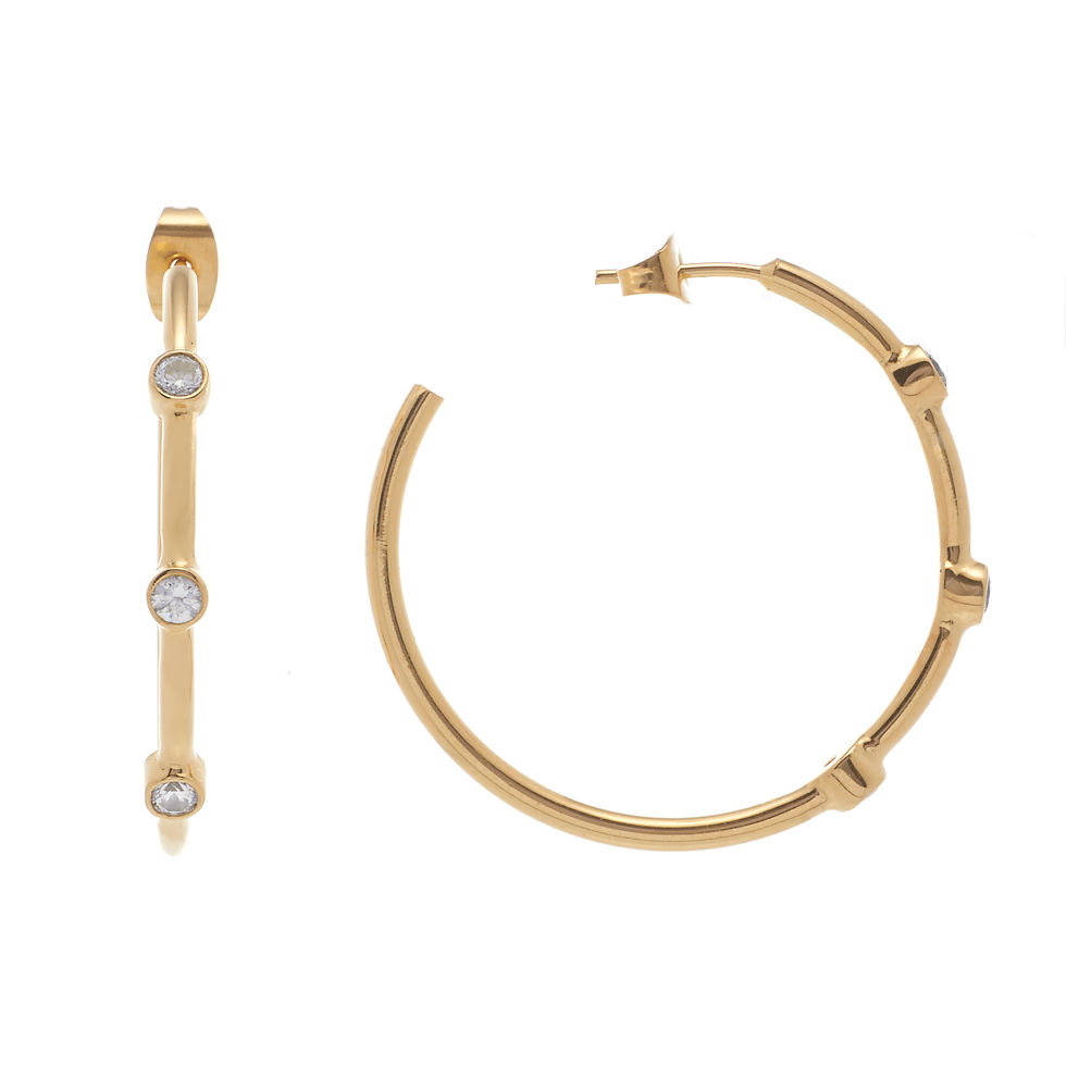 PETIT AMOUR TRI STONE EARRING HOOPS IN YELLOW GOLD