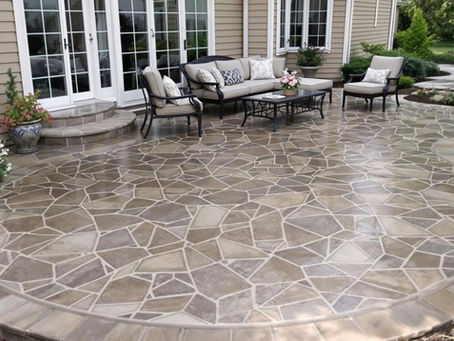 Stamped gray concrete patio